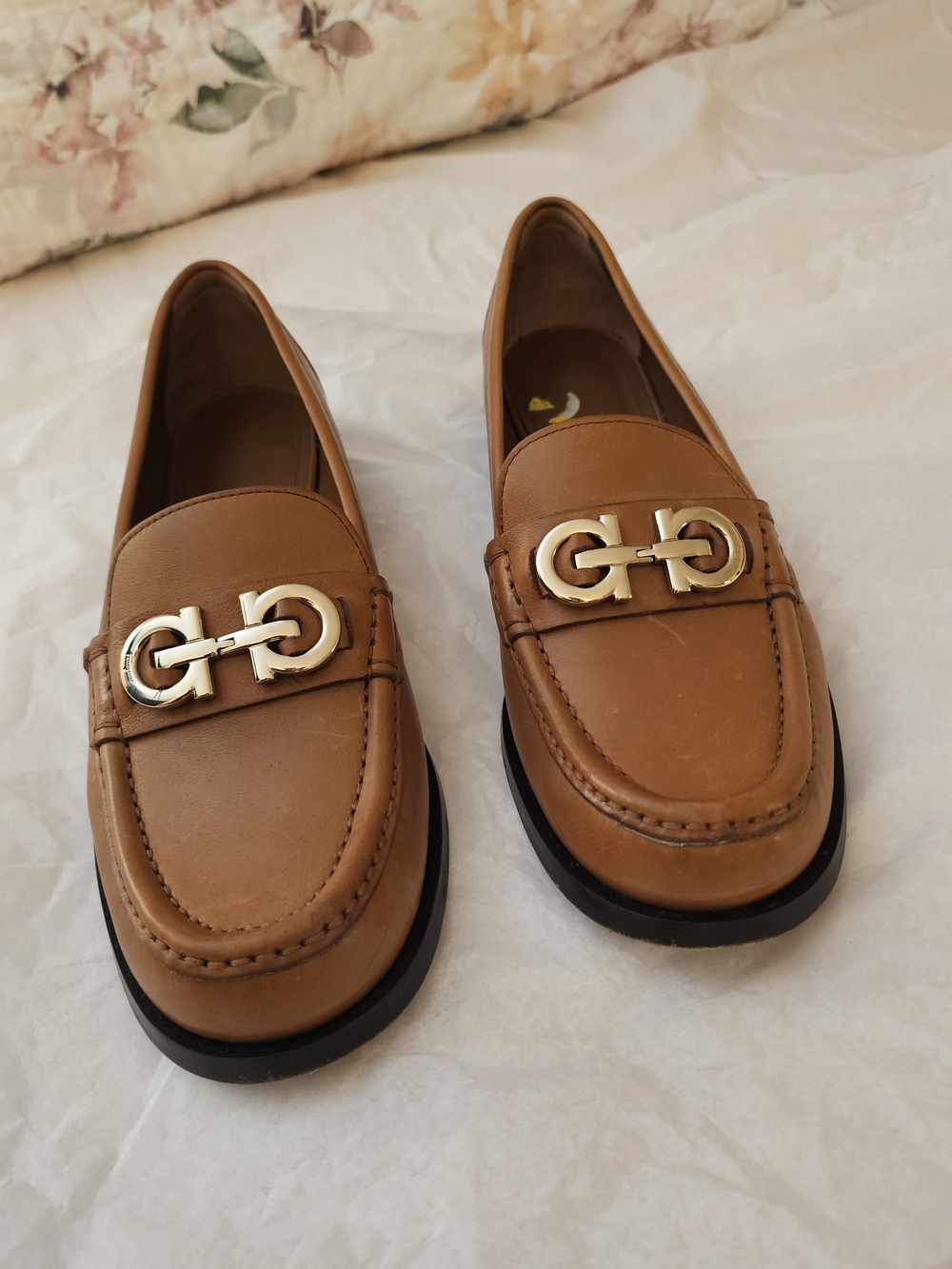Salvatore Ferragamo Tan Leather Loafers with Gold Hardware